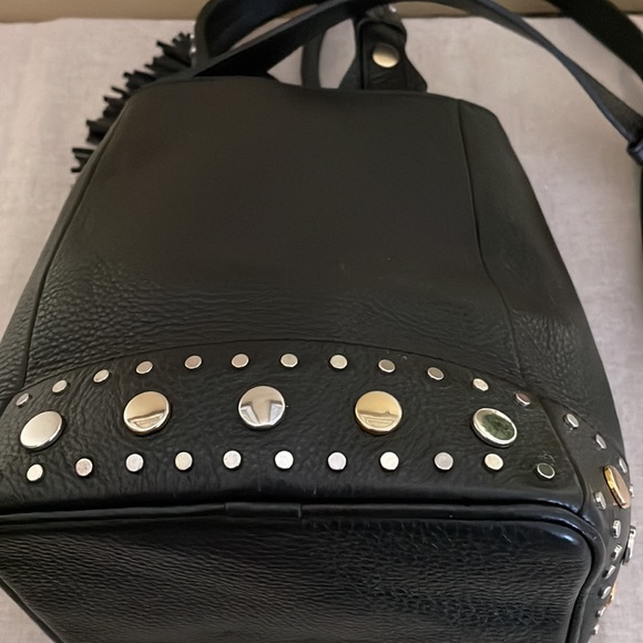 SANDRO Paris Alane Black Studs Pebble Leather Bucket Bag Tassel - Picture 11 of 12